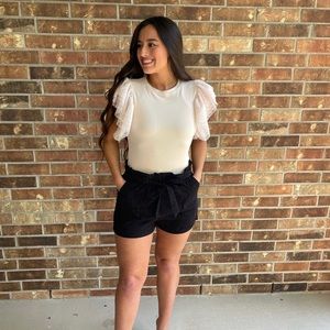 Dotty Mesh Ruffle Sleeve Ribbed Knit Top